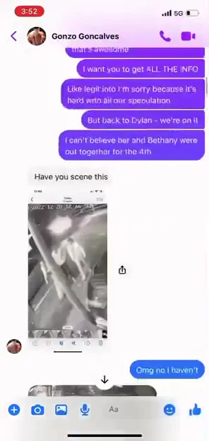 Messenger screenshot with messages and a shared black-and-white security-camera image of a person beside a vehicle.
