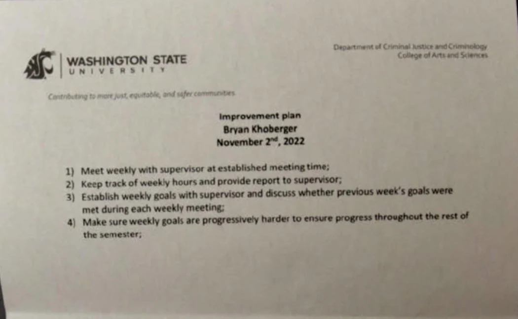 Photograph of a Washington State University improvement-plan document labeled Bryan Kohberger and November 2nd, 2022, with four numbered meeting and reporting requirements.