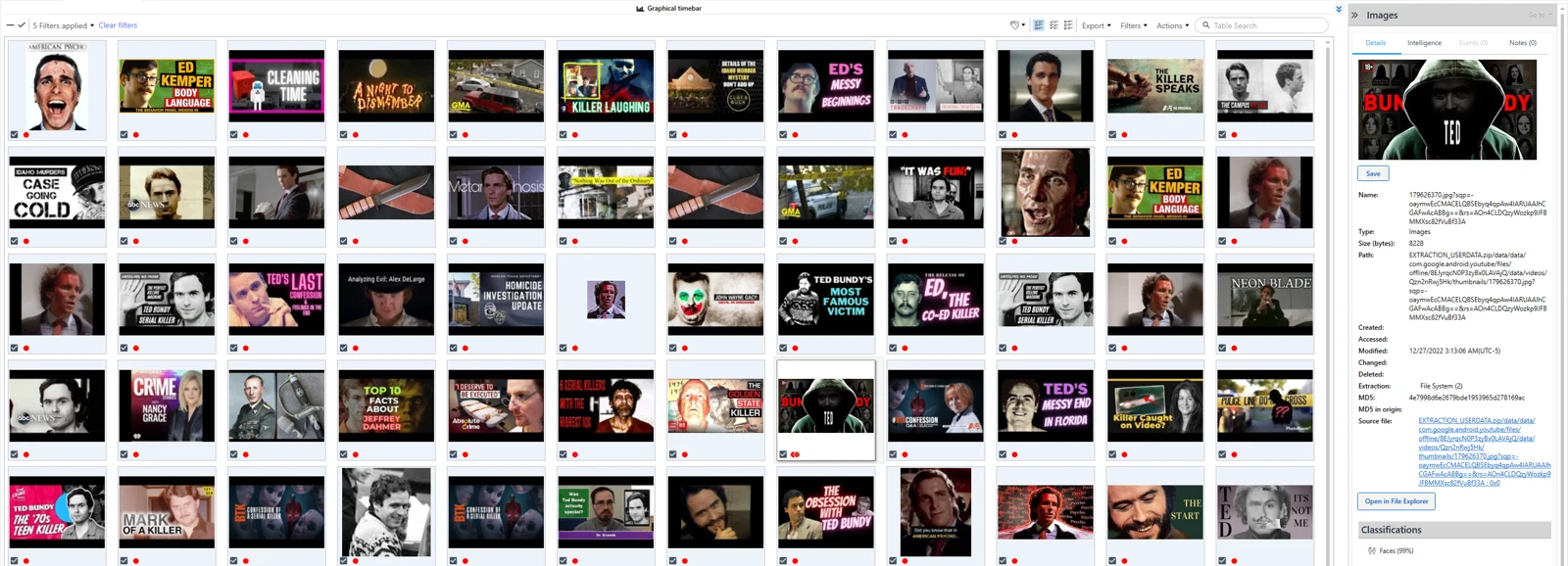 Computer screenshot showing a grid of media thumbnails and a text panel on the right.