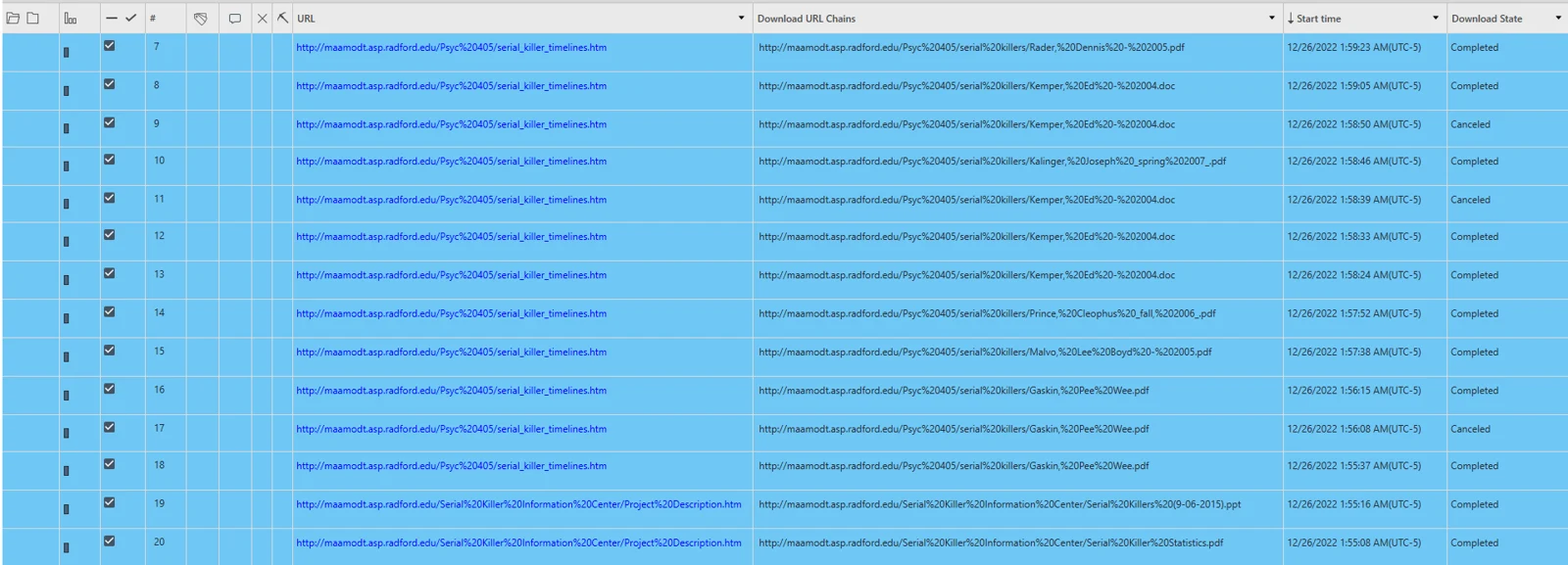 Computer download-list screenshot with multiple blue-selected rows, URL columns, sizes and completion statuses.