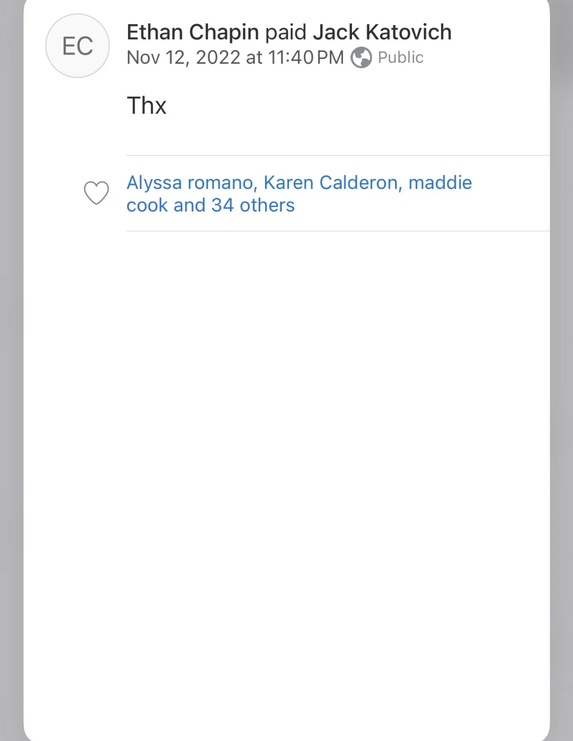 Payment-feed screenshot stating Ethan Chapin paid Jack Katovich on November 12, 2022 at 11:40 PM, with the note Thx.