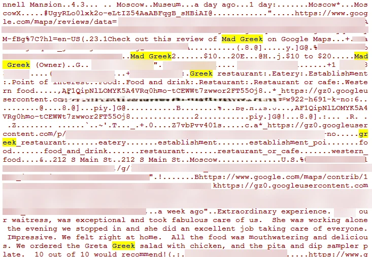 Screenshot of extracted text and web addresses with Mad Greek highlighted in yellow and portions obscured by pale redactions.