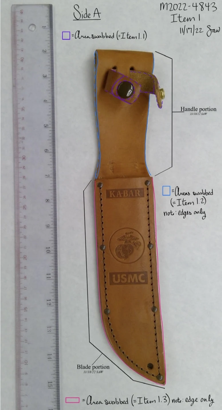 Annotated front view of a brown leather knife sheath beside a ruler, with colored outlines and handwritten notes identifying swabbed areas.