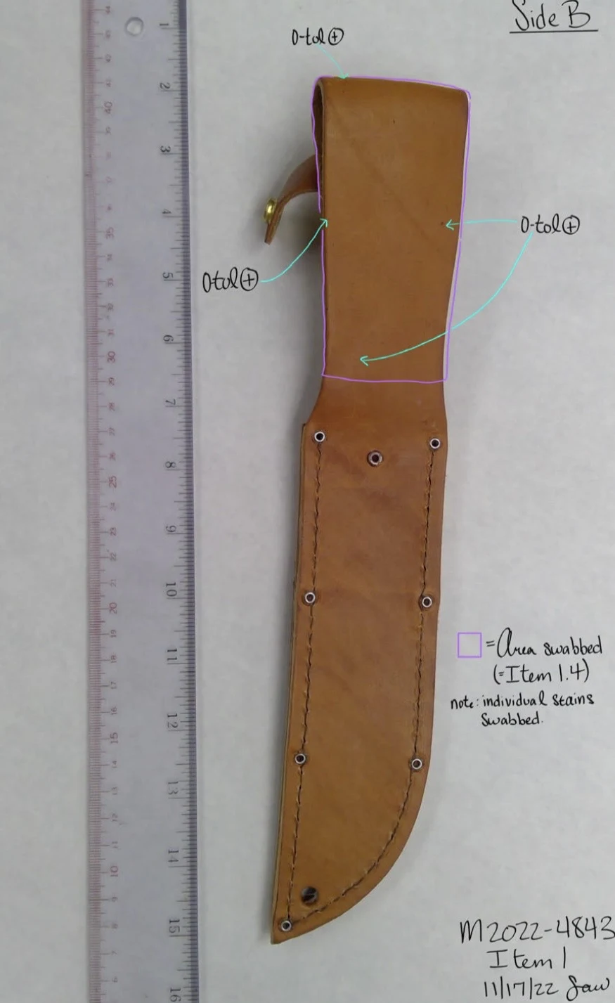 Annotated back of a brown leather knife sheath beside a ruler, with arrows, colored outlines and handwritten swab-area notes.