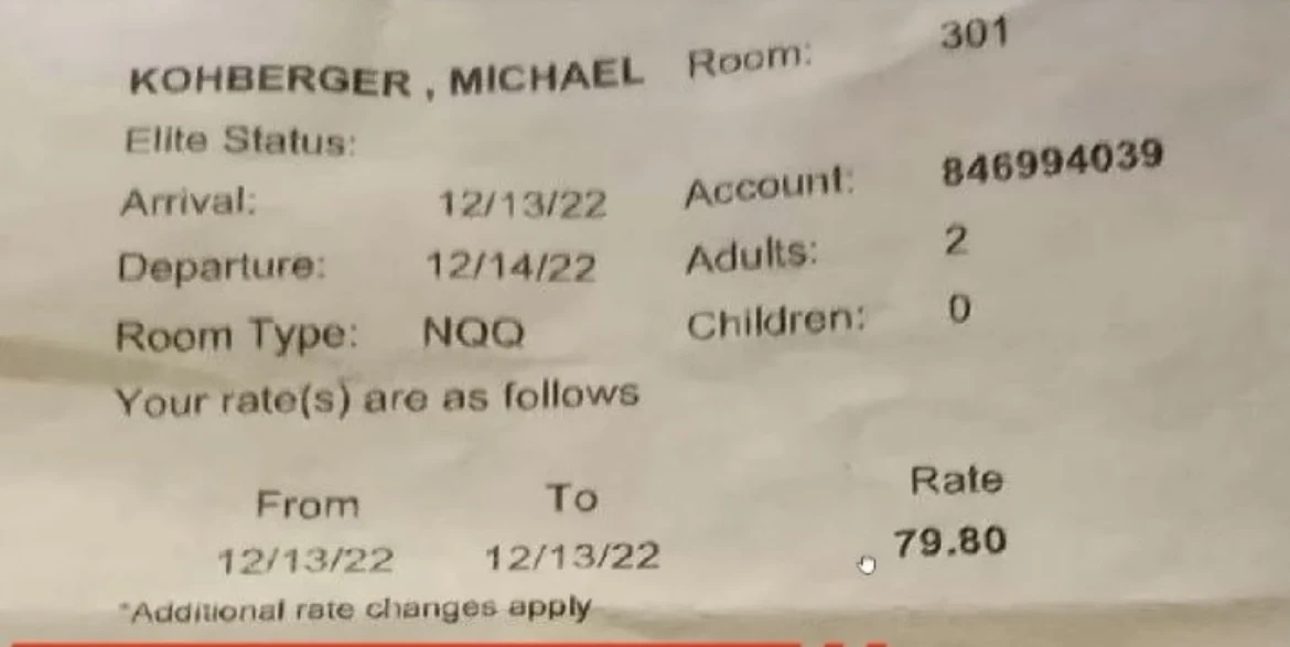 Close photograph of a hotel-stay document showing arrival and departure dates, room and guest-count fields, and a rate of 79.80.