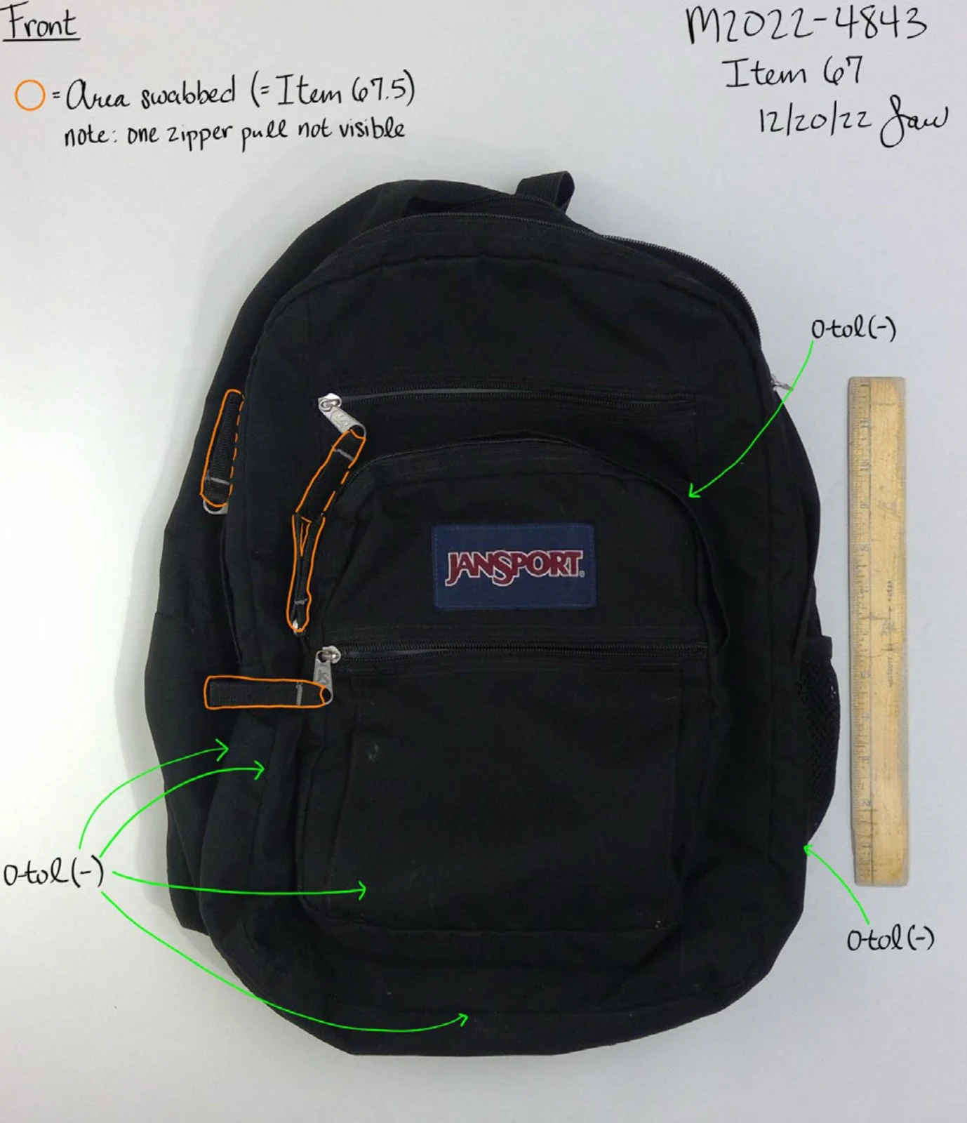 Front of a black JanSport backpack beside a yellow ruler, with colored outlines around zipper pulls and handwritten testing annotations.