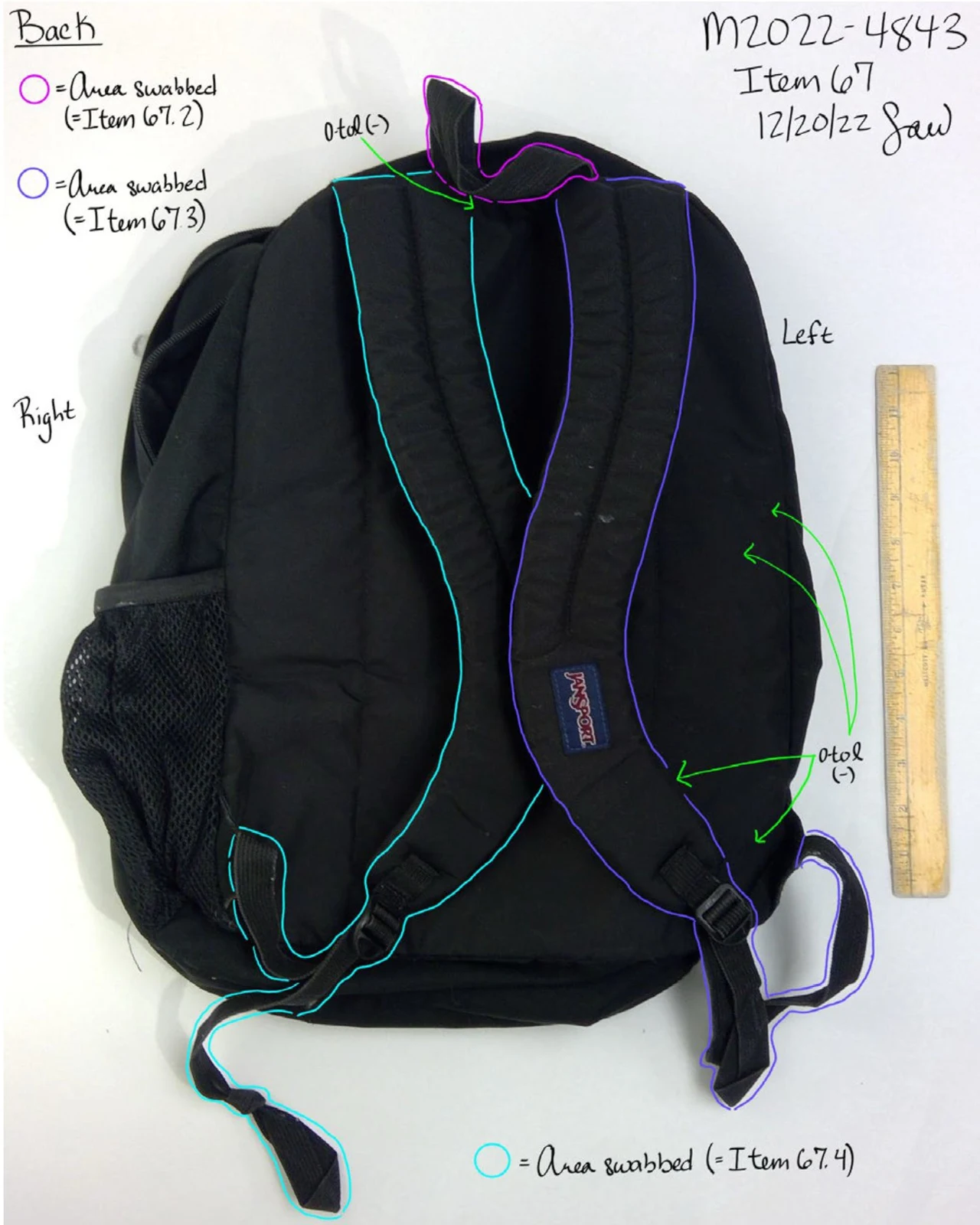 Back of a black JanSport backpack beside a ruler, with colored outlines along shoulder straps and handwritten swab-area annotations.