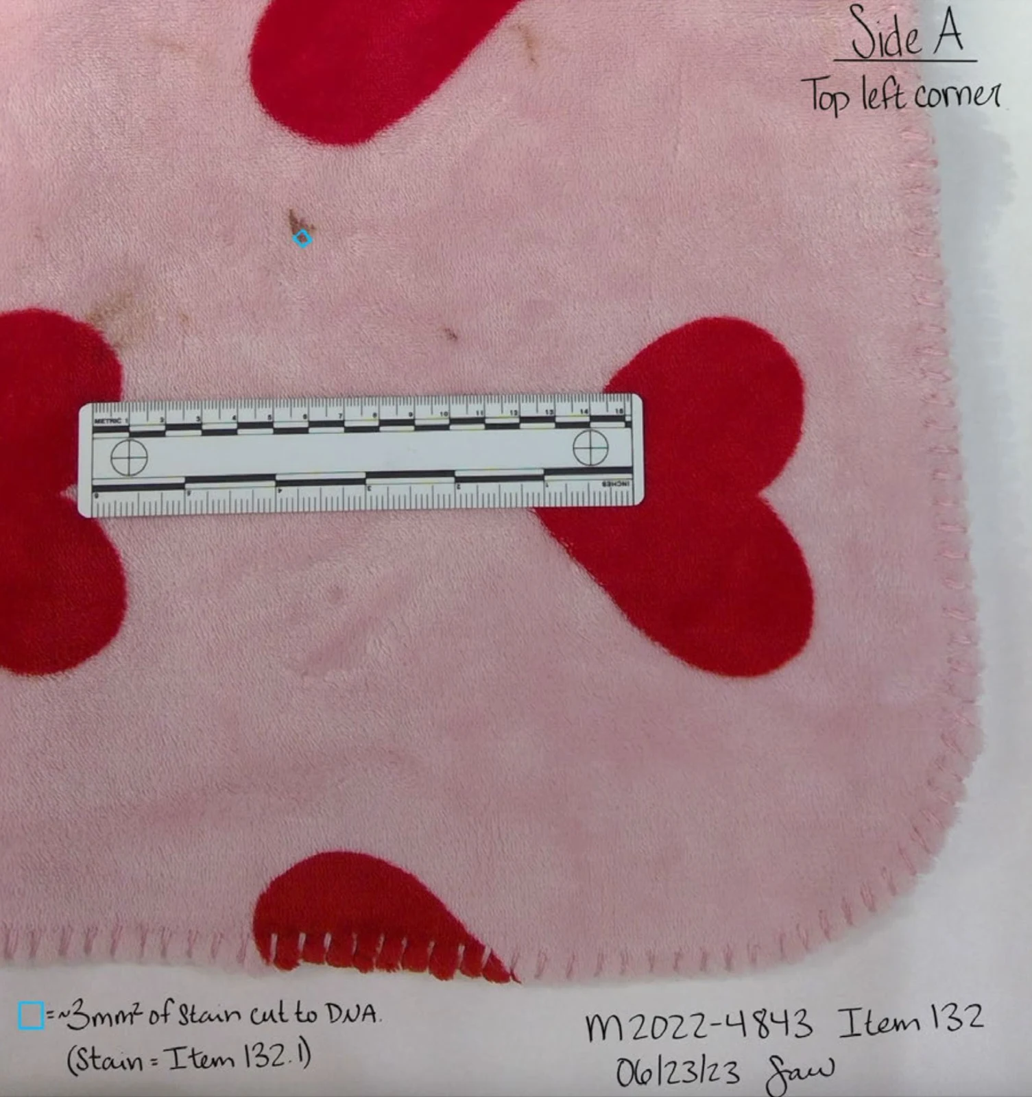 Close view of a pink mat with red hearts, a measurement scale and a blue-outlined small sampling area near the top-left corner.