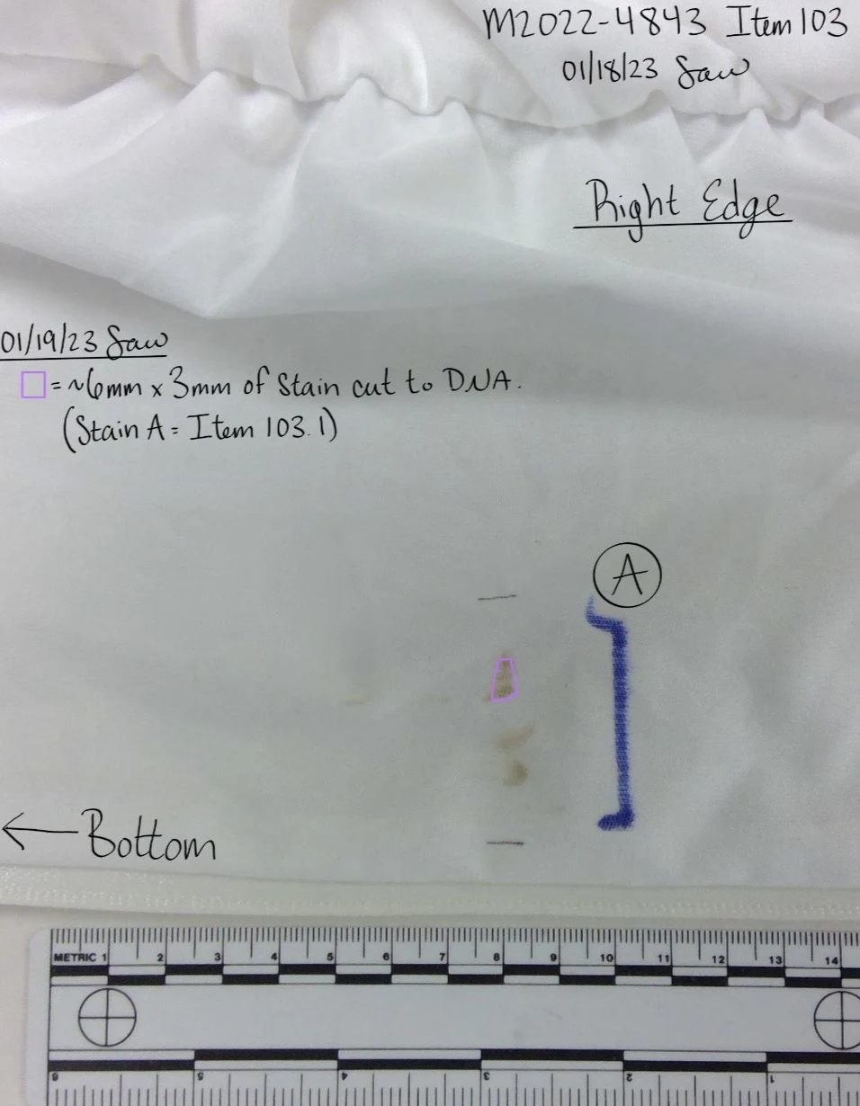 Close view of white fabric labeled right edge, with an outlined discolored area, circled A and an annotation describing a sample cut for DNA testing.