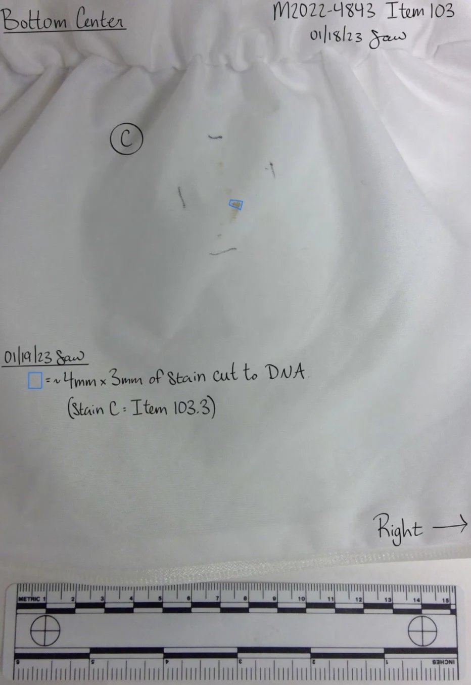 Close view of white fabric labeled bottom center, with a circled C, small outlined area, measurement scale and a sample-cut annotation.