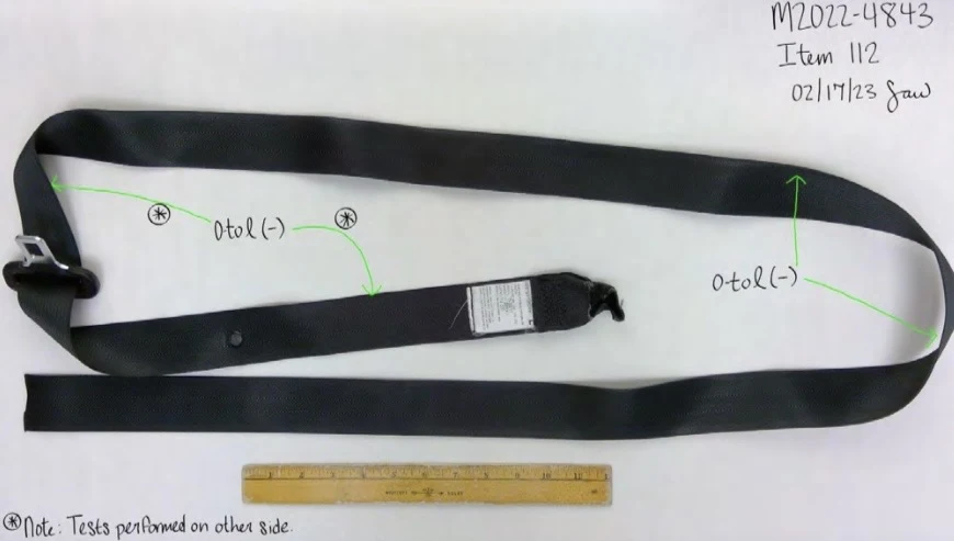 Long black seat-belt webbing and buckle laid in a loop beside a yellow ruler, with a sewn label and testing arrows.