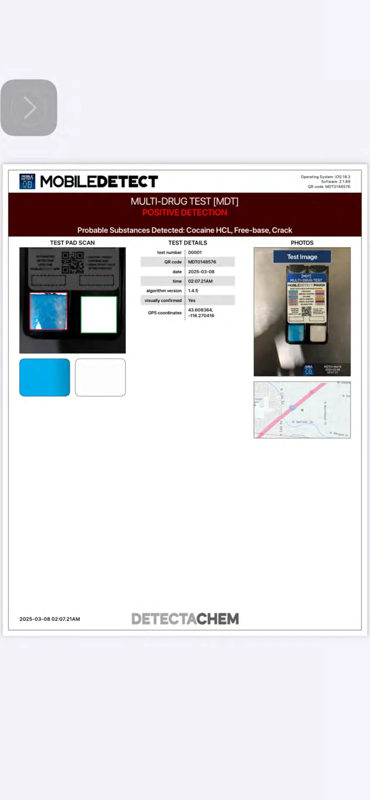 Screenshot of a MobileDetect multi-drug test report with colored test panels, a test-pouch photograph and a small map. The screenshot does not independently establish a substance identity.