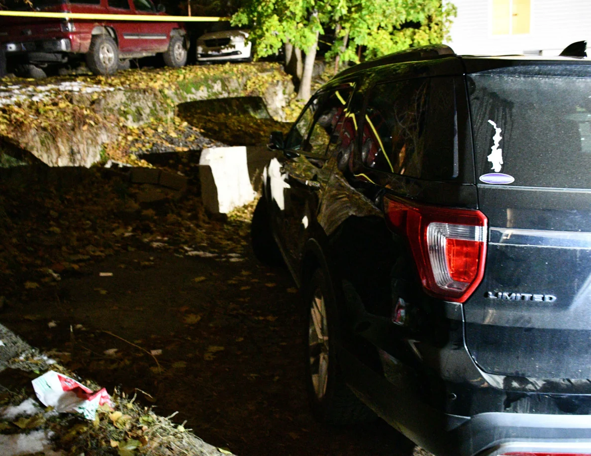 Rear side of a black SUV beside a leaf-covered slope and retaining wall.