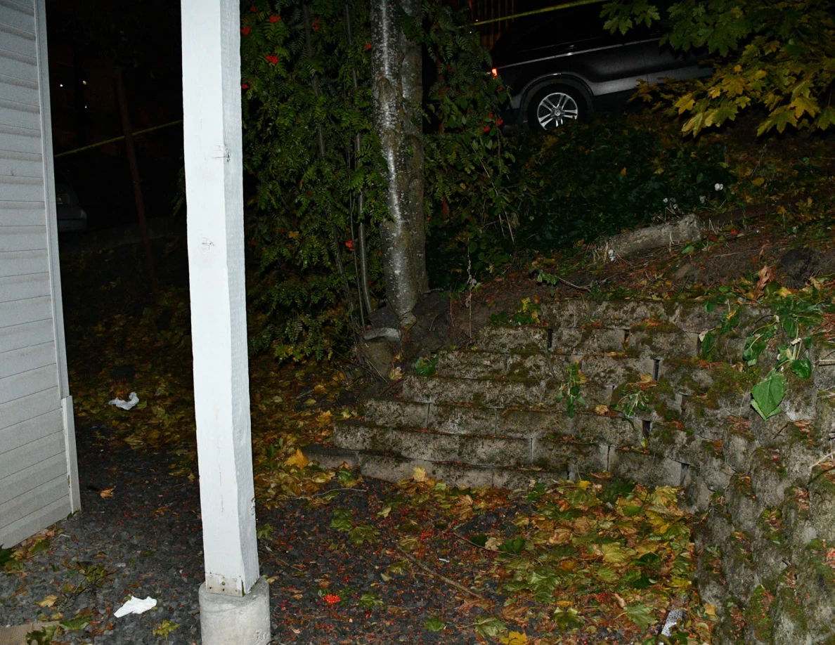 Patio post beside a retaining wall, trees and fallen leaves.