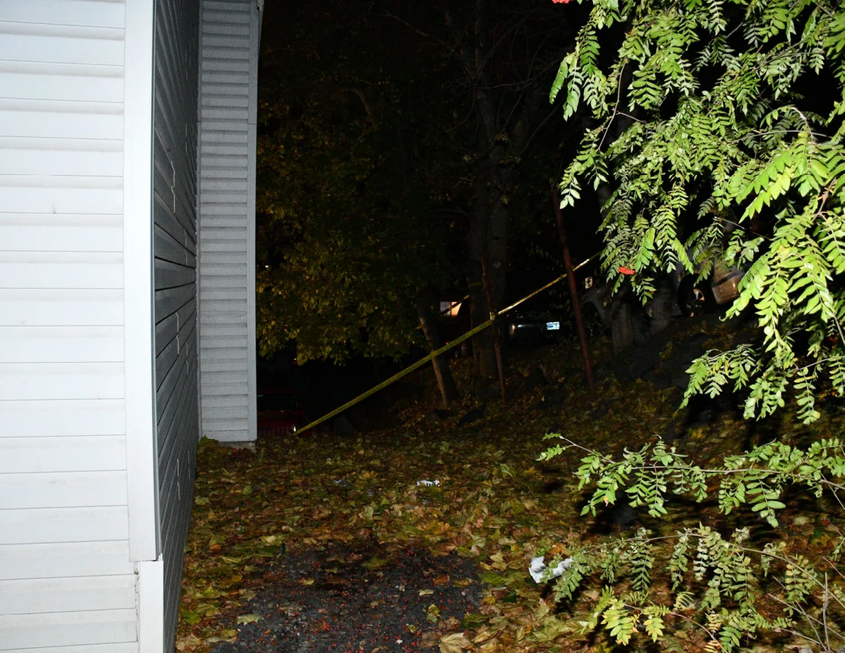 House corner, foliage and yellow barrier tape.