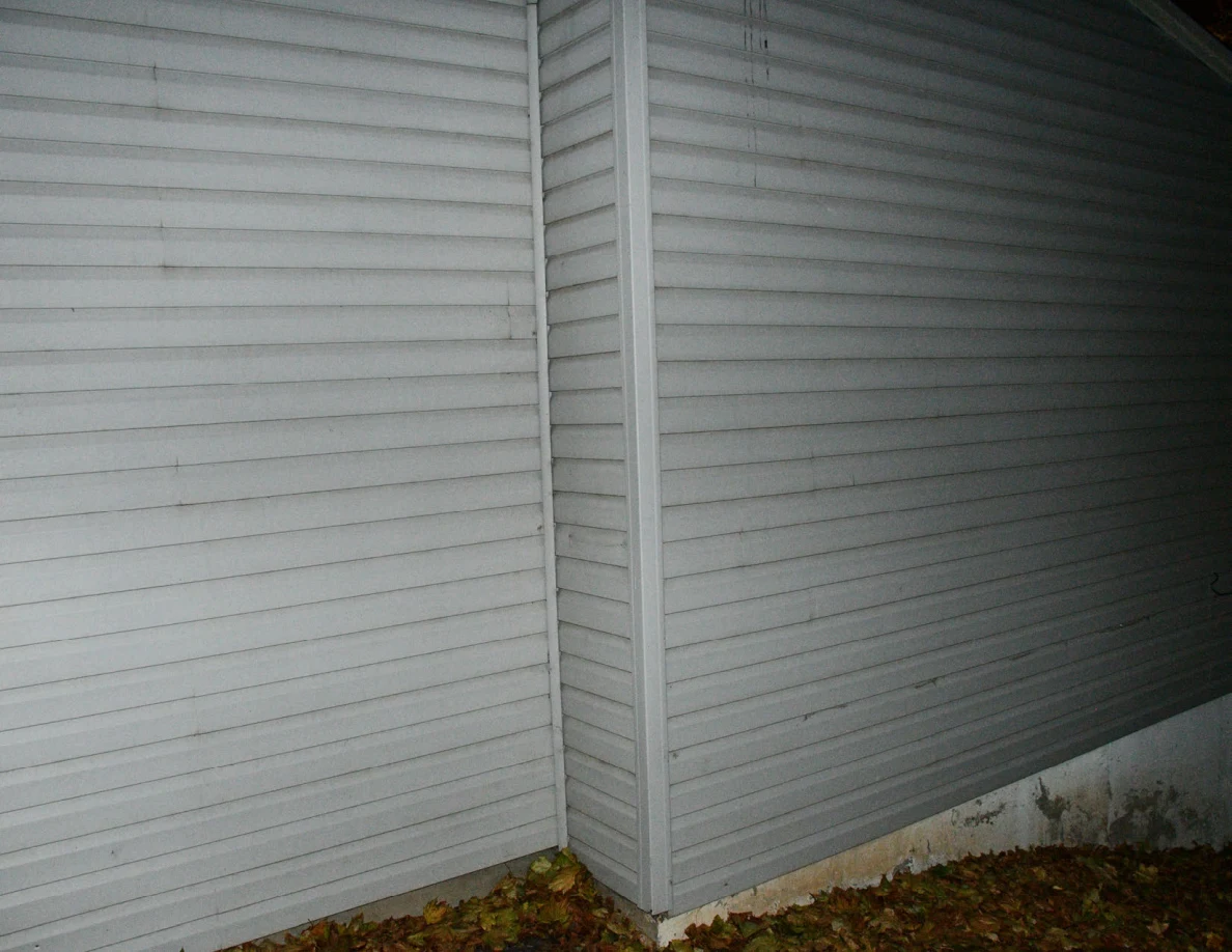 Corner of exterior siding above fallen leaves.