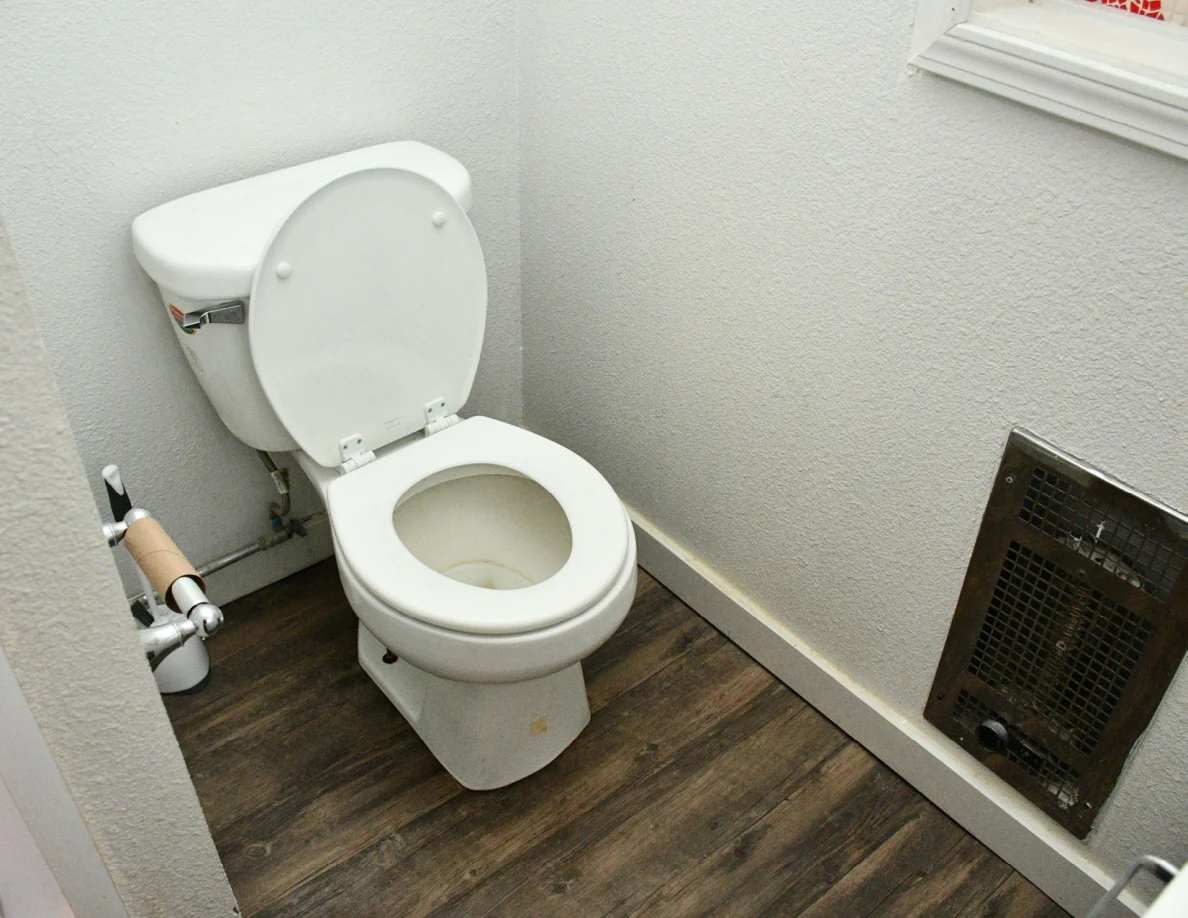 Bathroom toilet beside a wall heater and wood-pattern floor.