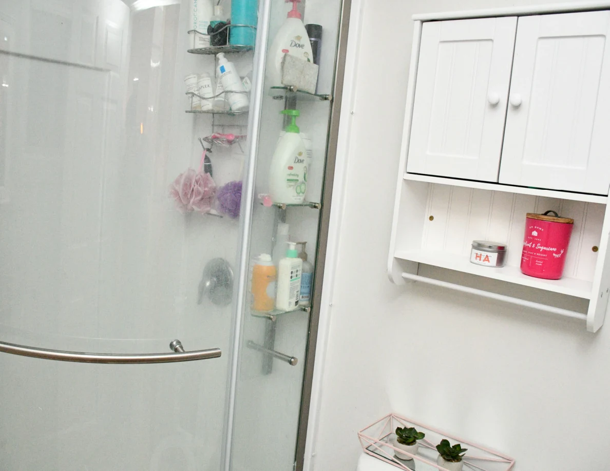 Shower enclosure with toiletries and a small wall cabinet.