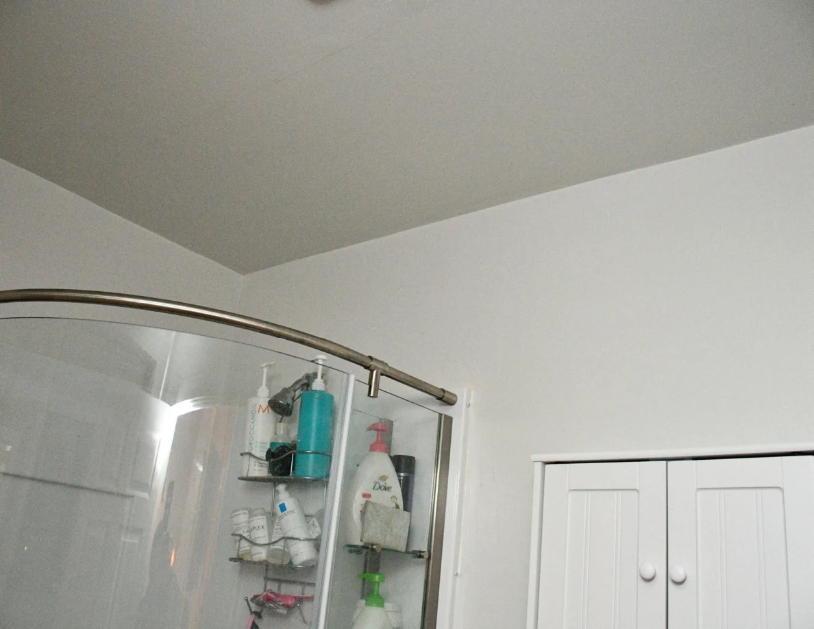 Upper curved shower enclosure, toiletries and wall cabinet.