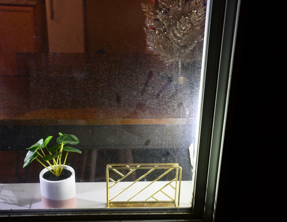 Window glass above a sill with a potted plant and wire decoration.