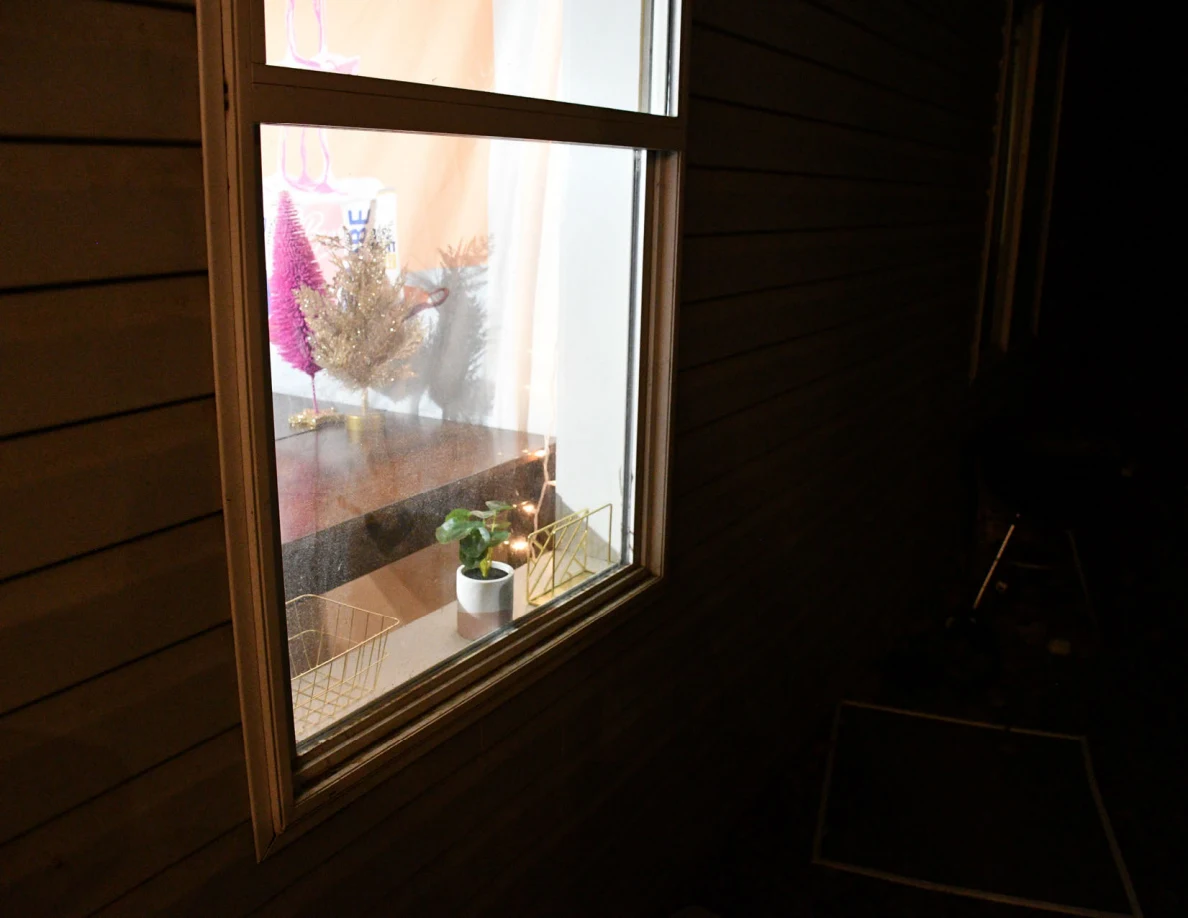 Exterior view of a lit window with a table decoration and potted plant inside.