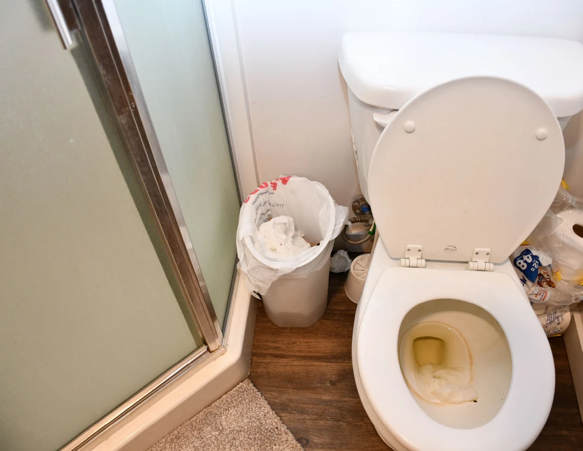 Close view of open toilet and nearby lined trash bin.