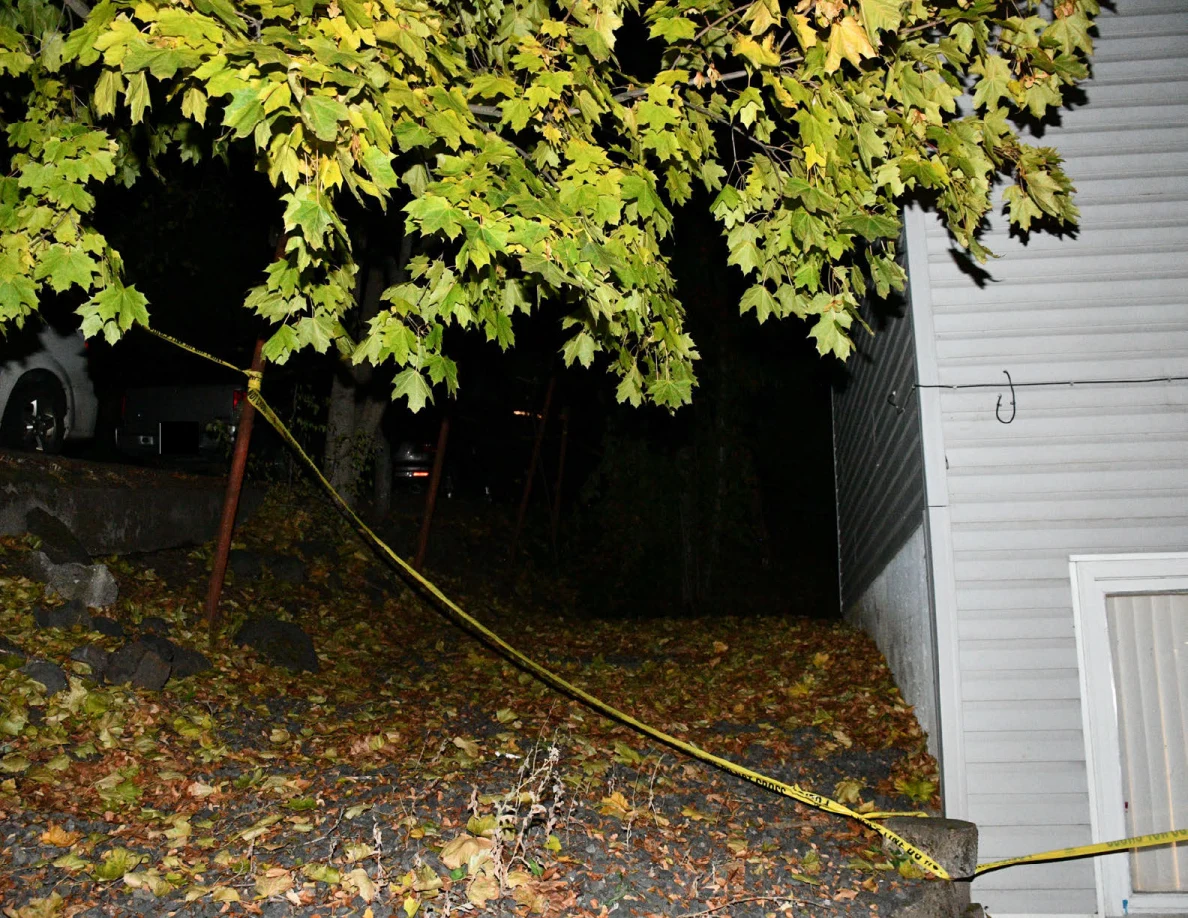 Tree canopy and sloped ground beside house and yellow barrier tape.