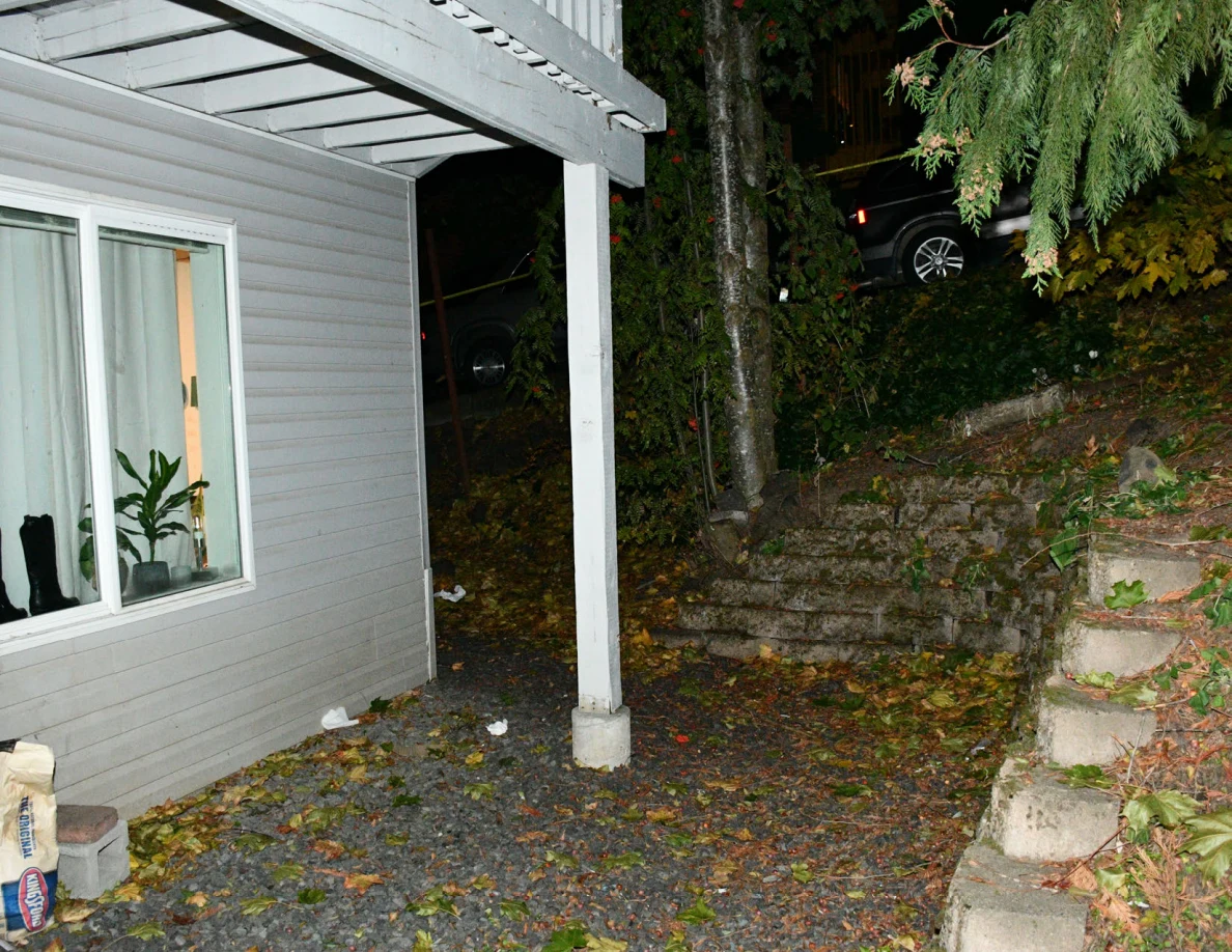 Patio post beside window, retaining wall and trees.