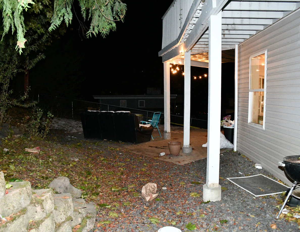 Side patio with posts, sofa, barbecue grill and fallen leaves.