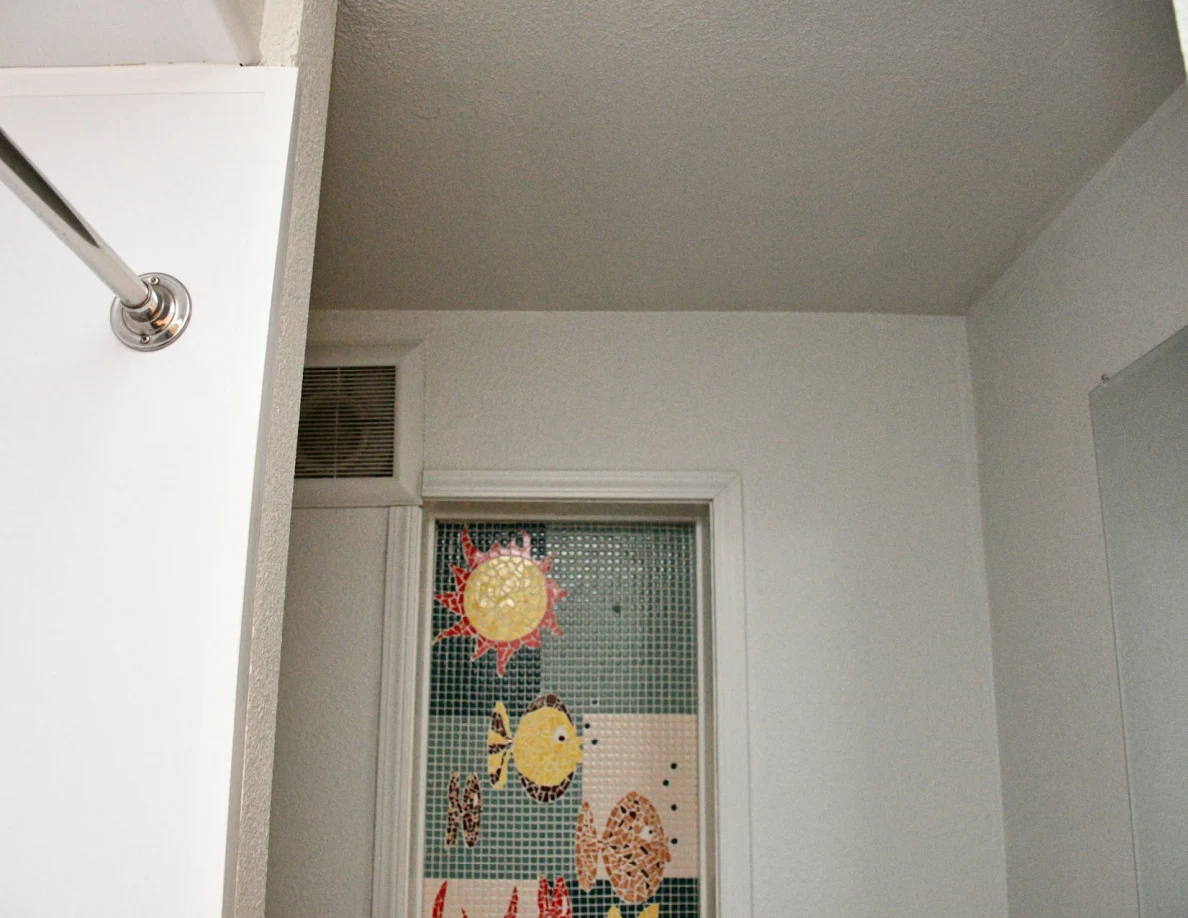 Upper bathroom window, wall vent and shower curtain rod.