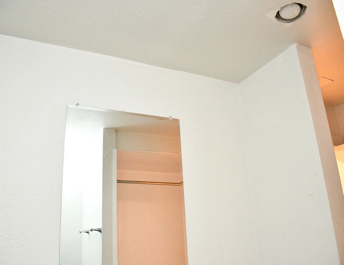 Upper wall mirror and ceiling light in bathroom.