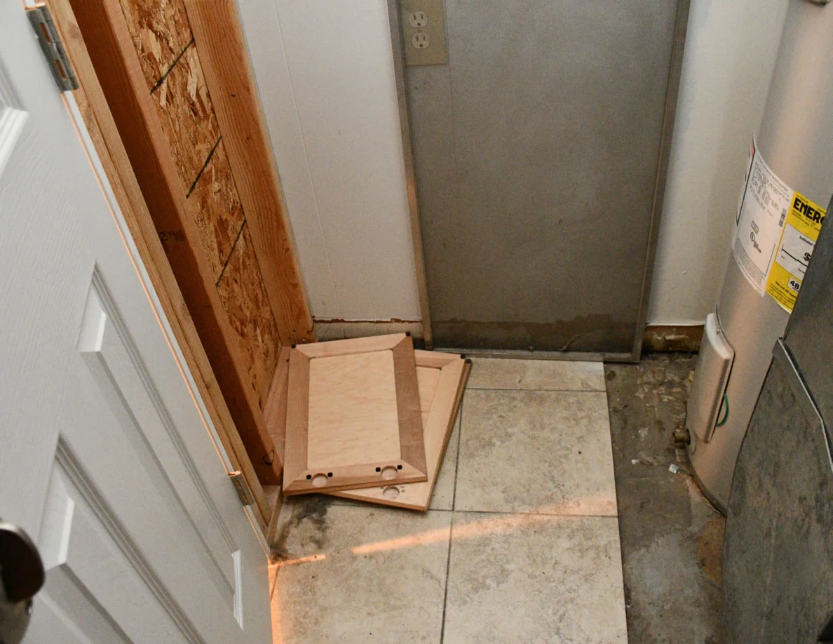 Utility-room tile floor, loose panels and water heater edge.