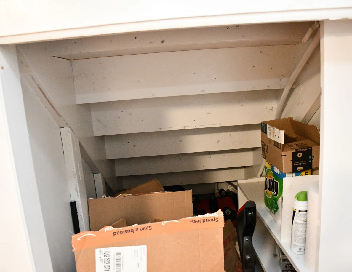 Under-stair storage with shelves, boxes and cleaning supplies.