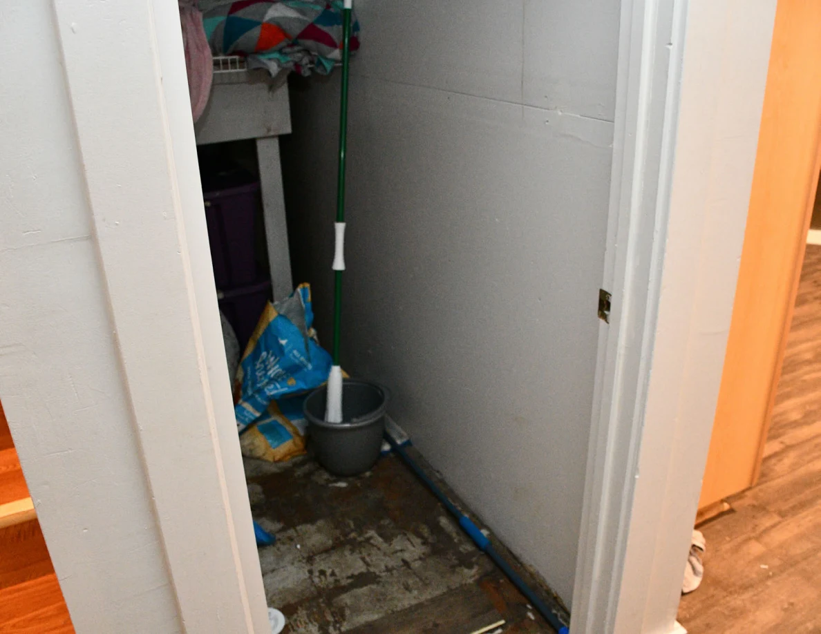 Open cupboard with mop, bucket and household supplies.