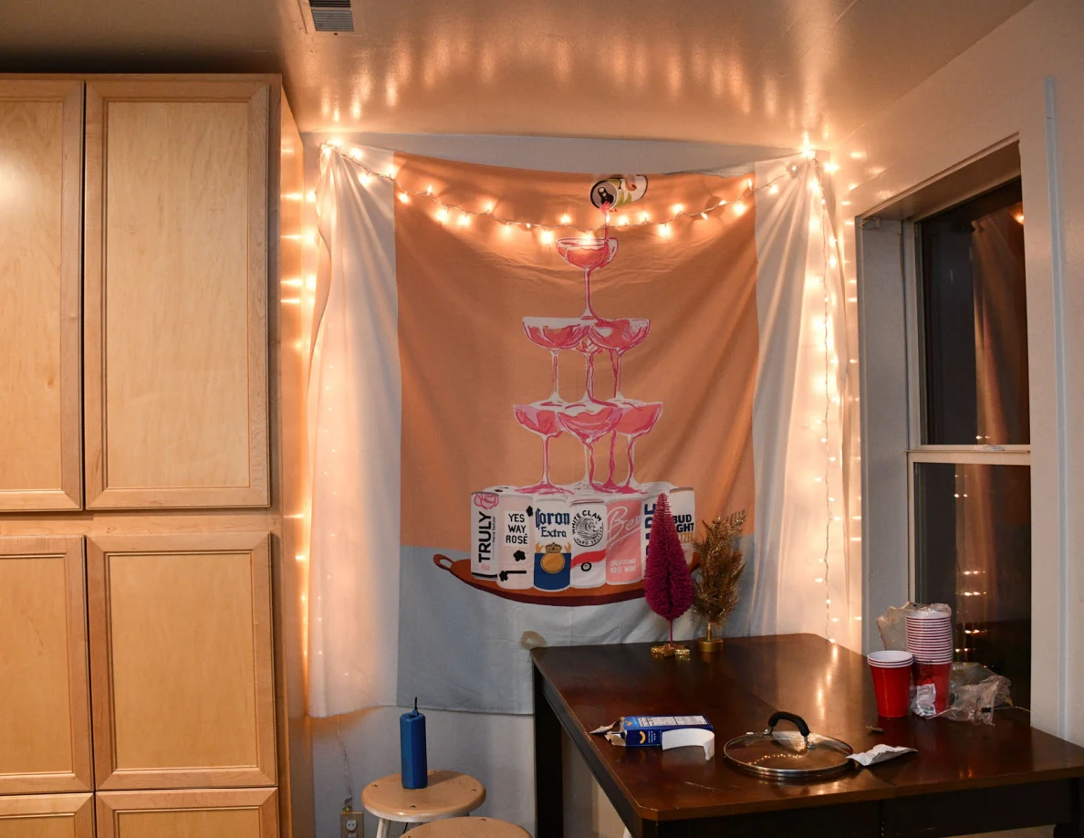 Decorative drink-themed hanging fabric and string lights above a table.