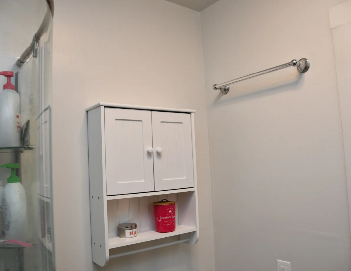 Bathroom wall cabinet and empty towel rail beside shower.