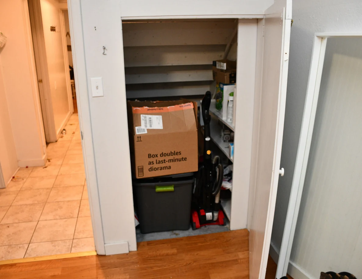 Open under-stair storage cupboard with box and vacuum cleaner.