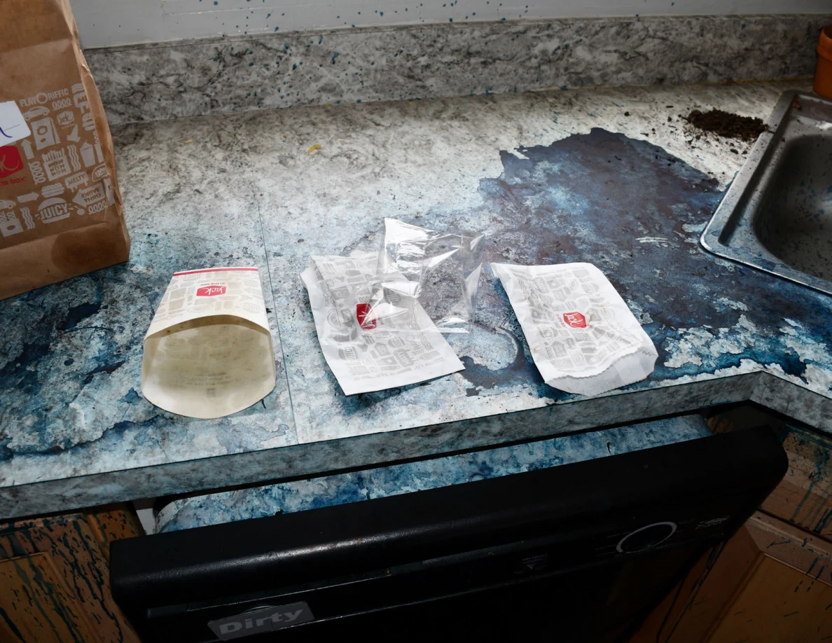 Food wrappers and packaging spread on kitchen counter above dishwasher.