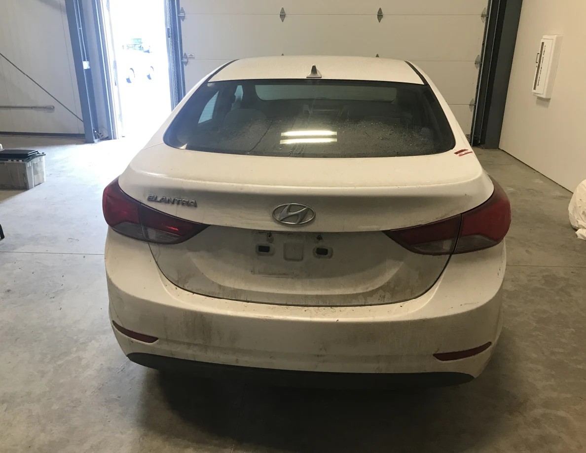 Rear of white Hyundai Elantra with empty license-plate mount indoors.