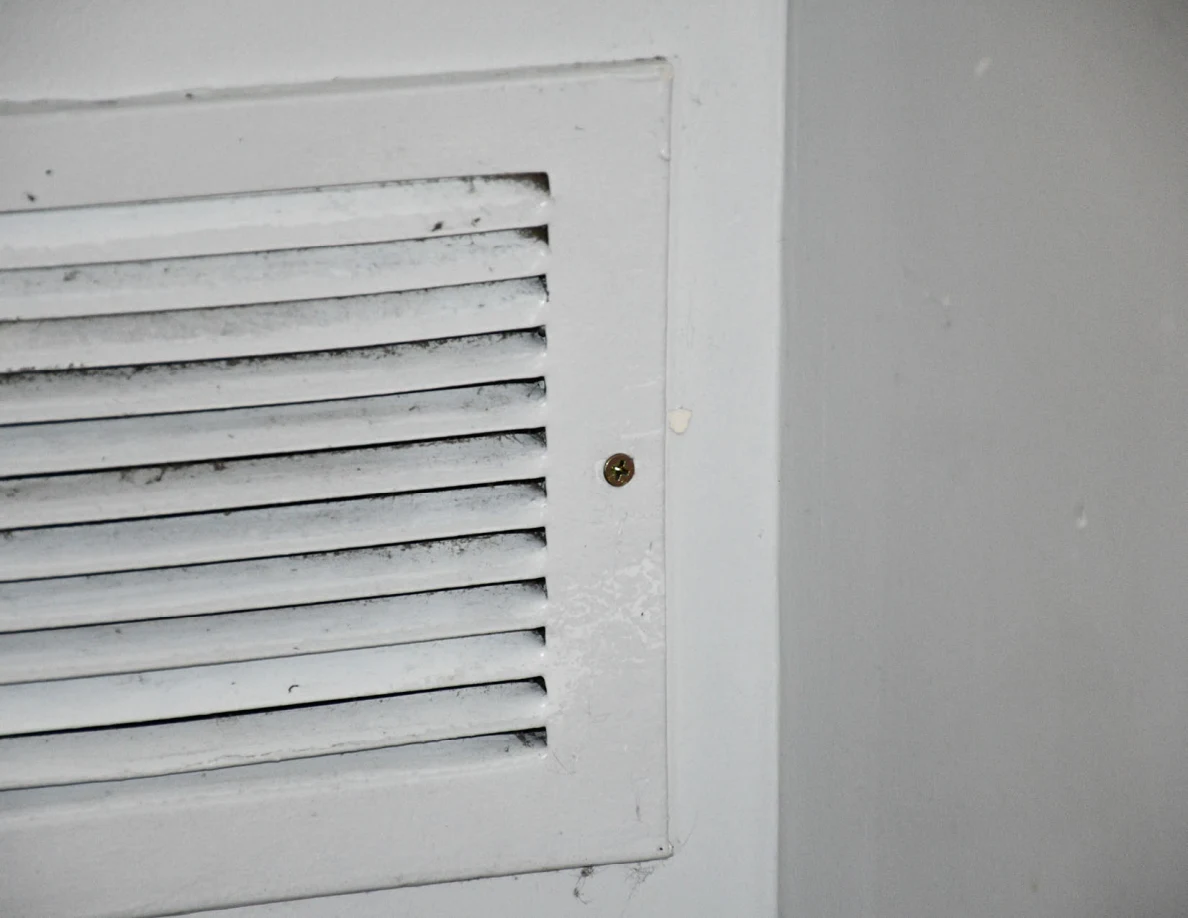 Close view of the right side of a white ventilation grille with a visible mounting screw and dark gaps between slats.