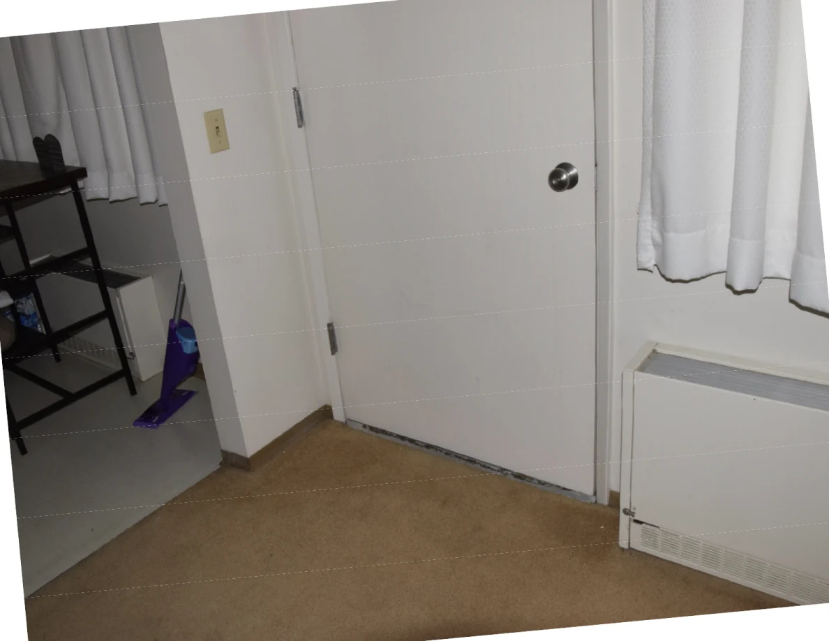 Closed white interior door beside curtains, a wall heater and a narrow shelving unit.