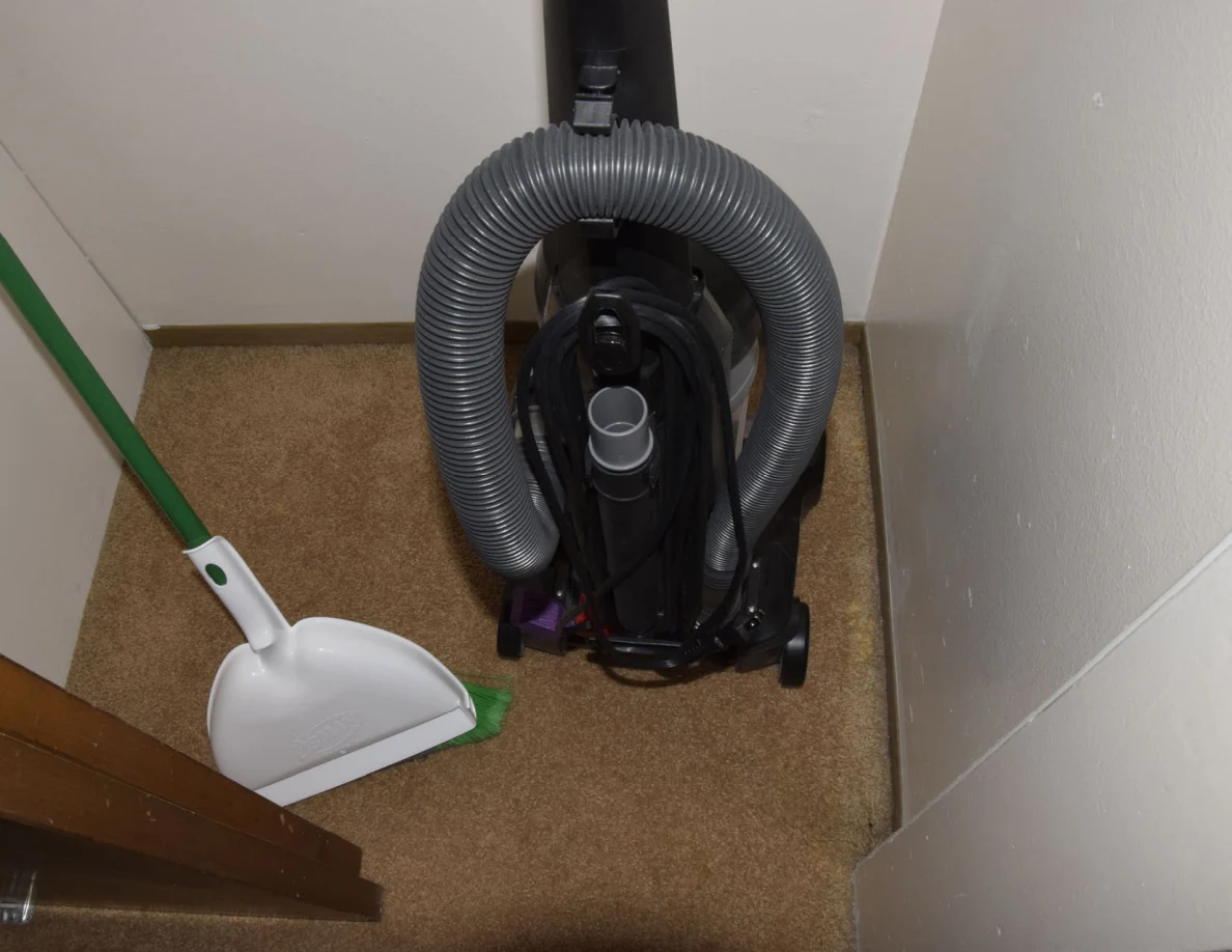 Black upright vacuum cleaner and white long-handled dustpan on a carpeted closet floor.