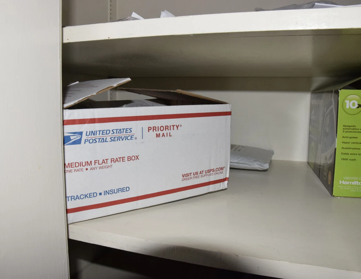 White storage shelf with a Priority Mail box and a green appliance box.