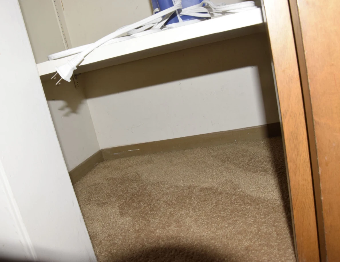 Lower closet opening with a bare carpeted floor and loose white cords on the shelf above.