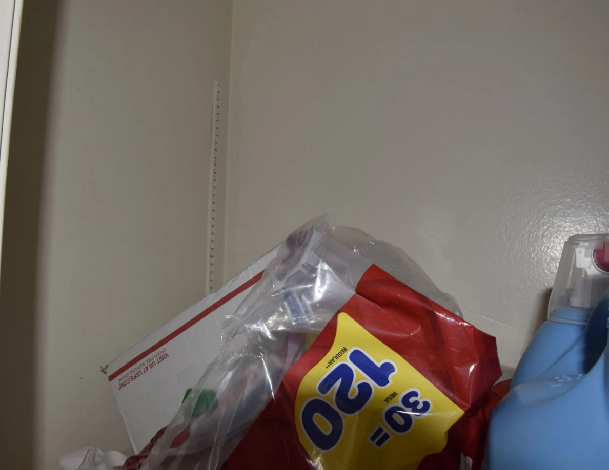Large red paper-product package and blue detergent container in a white closet.