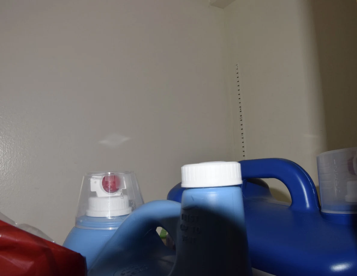 Upper portions of several blue laundry-product bottles against a white closet wall.