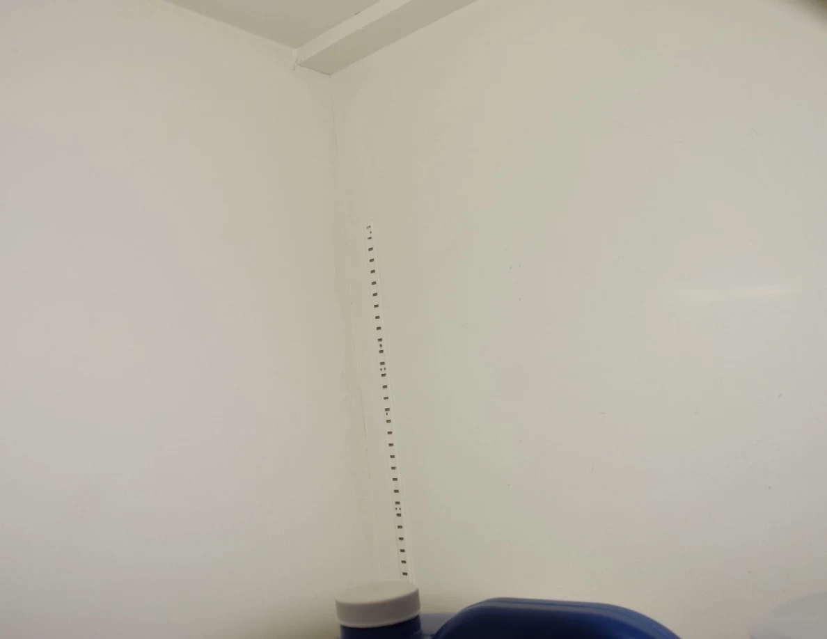 Mostly bare white closet wall with shelf-support holes and the tops of bottles at the bottom.