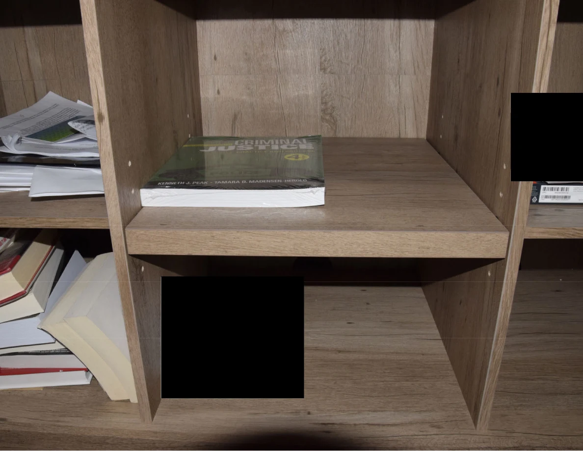 Center shelves of a wooden media cabinet with a green book and black-redacted areas.