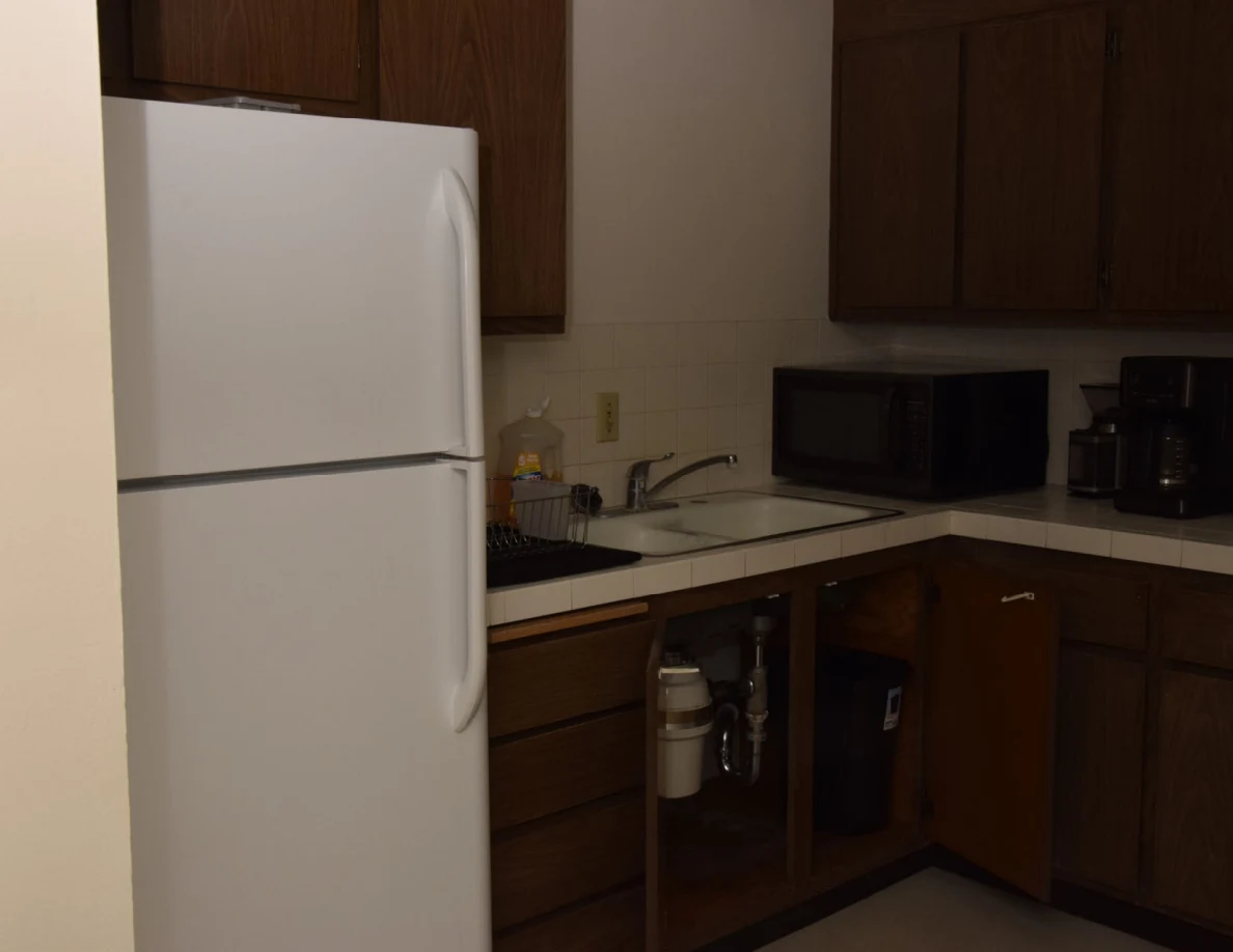 Closer view of a kitchen refrigerator, sink, microwave and open under-sink cabinet showing plumbing.