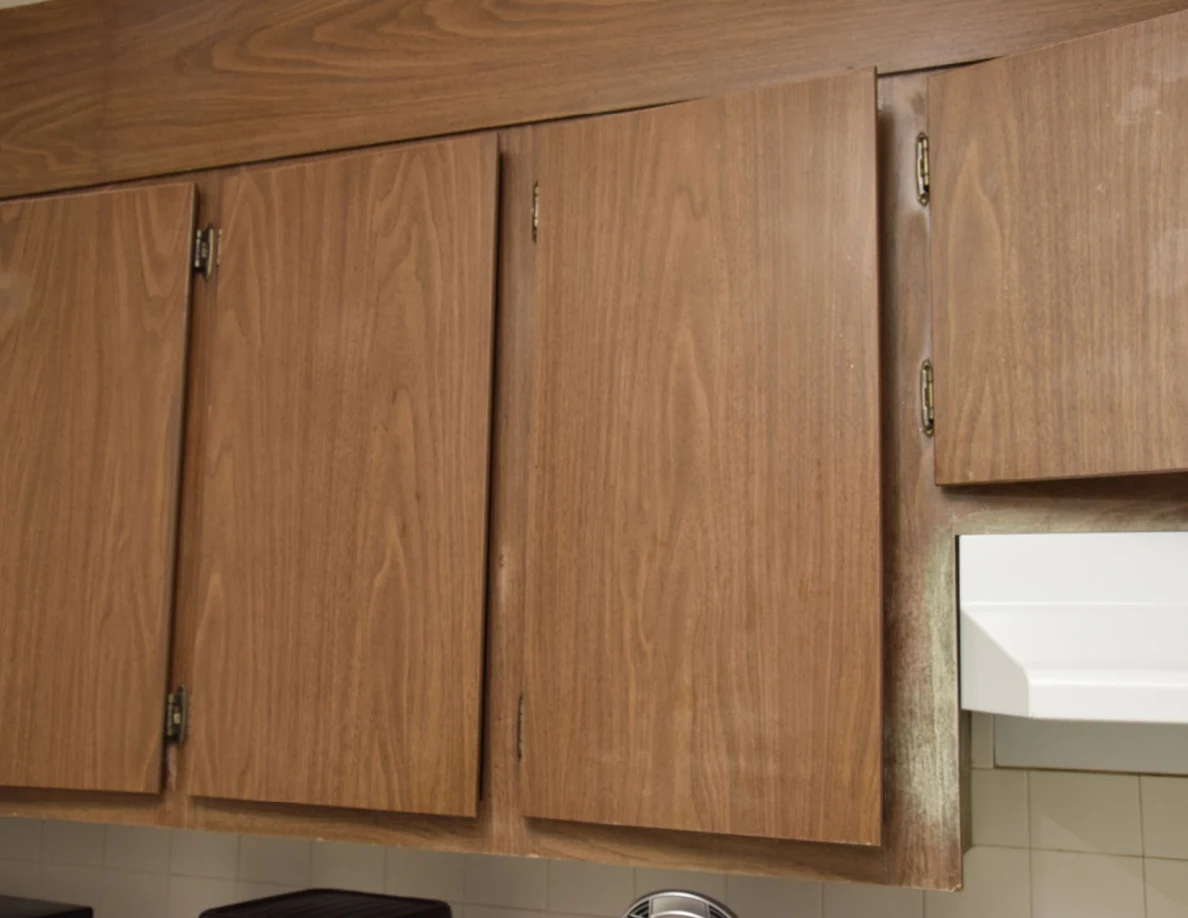 Closed wooden upper kitchen cabinet doors.